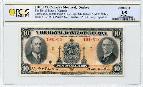 1935 $10 The Royal Bank of Canada, Large Signatures - PCGS Choice VF 35 - Picture 1 of 2