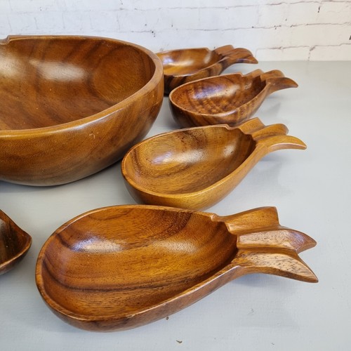 Wooden Bowls Pineapple Shaped Nibbles Salad Snack Set Vintage 70s Tiki Boho Bar - Picture 6 of 22