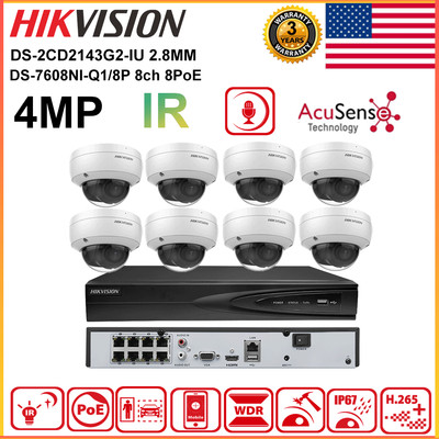 Hikvision 8MP 8CH 8POE Camera System 4MP AcuSense IR POE Dome IP Camera Mic Lot