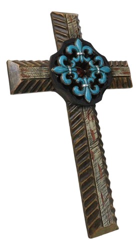 Southwestern Turquoise Fleur De Lis French Lily Faux Wooden Wall Cross Plaque - 第 4/9 張圖片