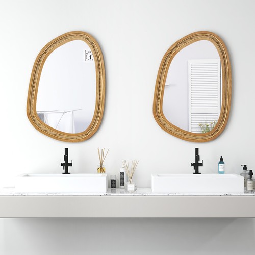 Irregular PVC Rattan Wall Mirro Boho Decorative Farmhouse Mirror w/ Wooden Frame - Picture 8 of 8