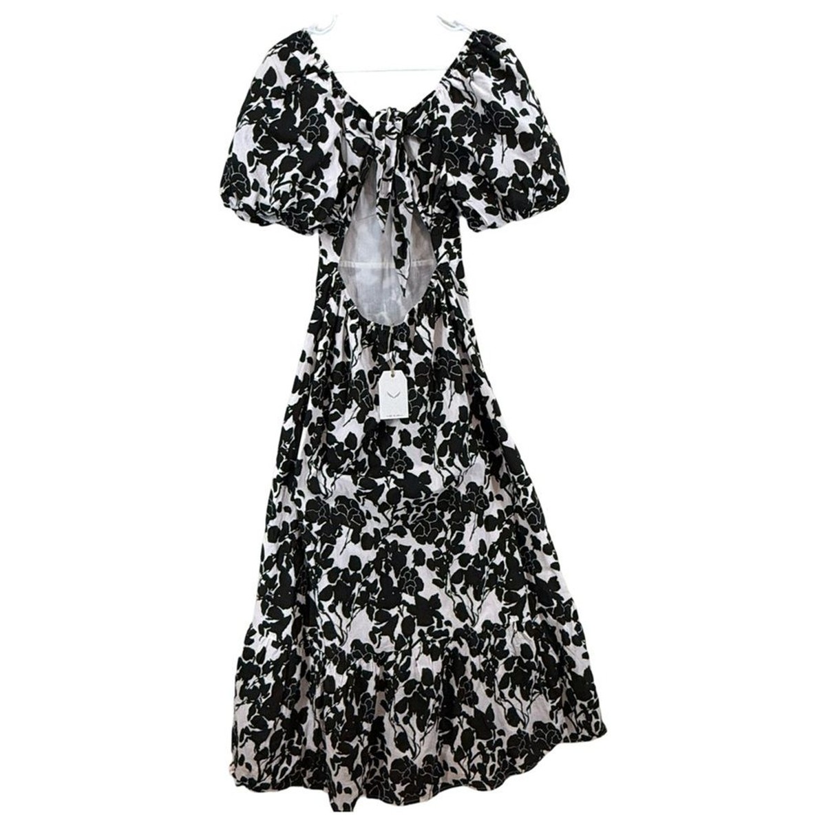 floral print cotton maxi dress free the roses Free the Roses Floral Print Maxi Dress cut out back tie black white Medium  NEW