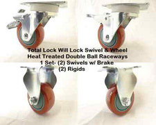 3" x 1-1/4" Swivel Caster Red Polyurethane Wheel Brake (2) Rigid (2) 265 lb ea