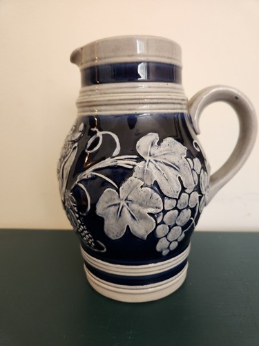 German Salt Glazed Stoneware Cobalt Blue Pitcher Creamer Grapes Greenman Signed - Picture 4 of 10