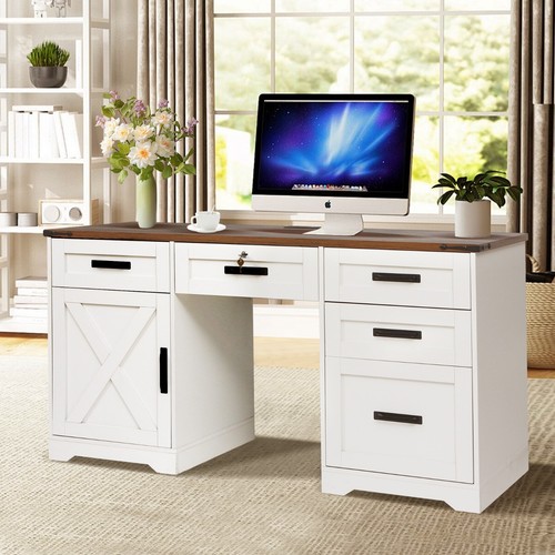 60" Farmhouse Executive Desk with Drawers,Home Office Desk with Charging Station - Picture 8 of 9