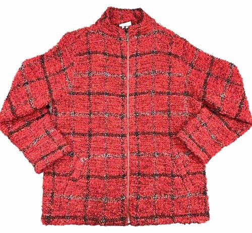 Chico's Jacket Womens 2 US 12 Large Red Plaid Preppy Sherpa Southwest Wool Thick