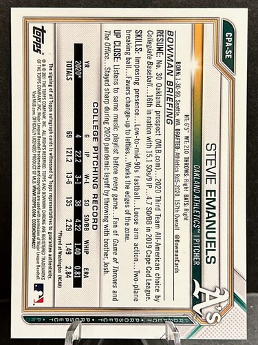 2021 Bowman Chrome Stevie Emanuels Prospect Autograph #CPA-SE Athletics - Picture 2 of 2
