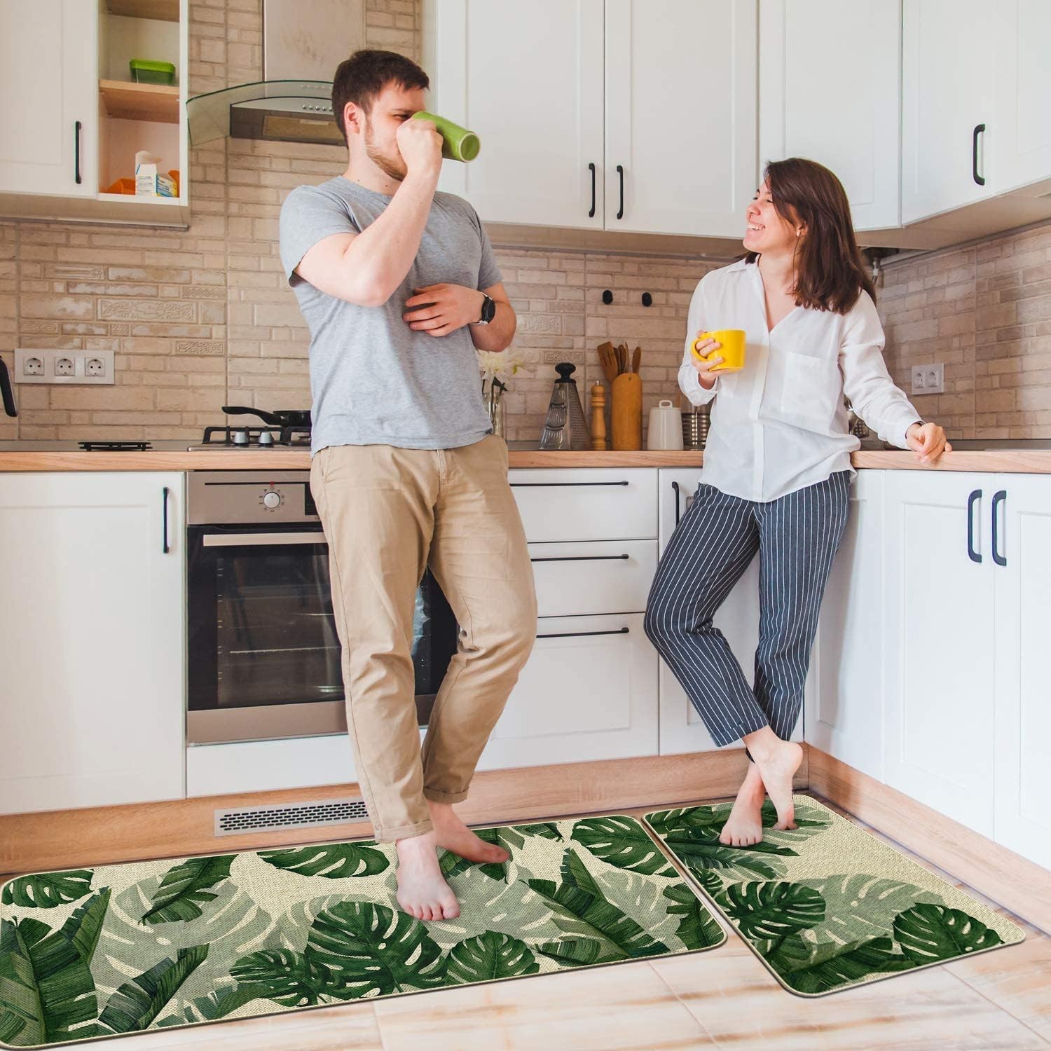 Monstera Leaf Kitchen Mats Set of 2 Non-Slip Rugs 17x29 & 17x47 Summer Decor