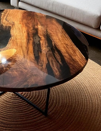 Black Epoxy Round Coffee Table Natural Wood Corner Side Handmade Furniture Decor - Picture 4 of 10
