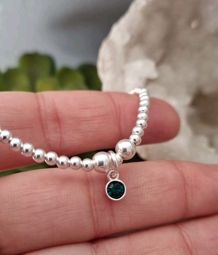 Inka 925 Sterling Silver stretch bead Bracelet with May Emerald Birthstone charm - Picture 4 of 8