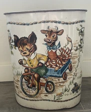 Vtg JL Clark Litho Trash Can Anthropomorphic Cow, Bear, Own Embossed Trash Can
