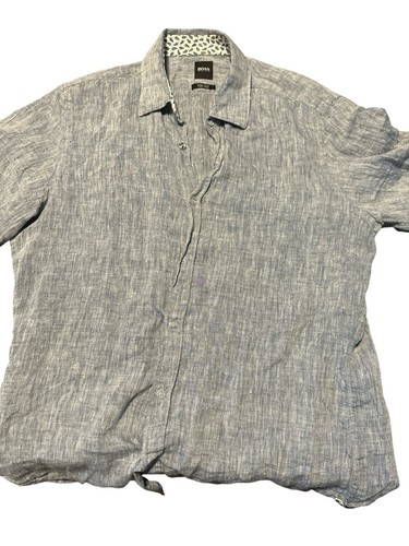 Boss Hugo Boss Hemd 100% Leinen Knopfleiste Kurzarm Mittelblau Luka (649)