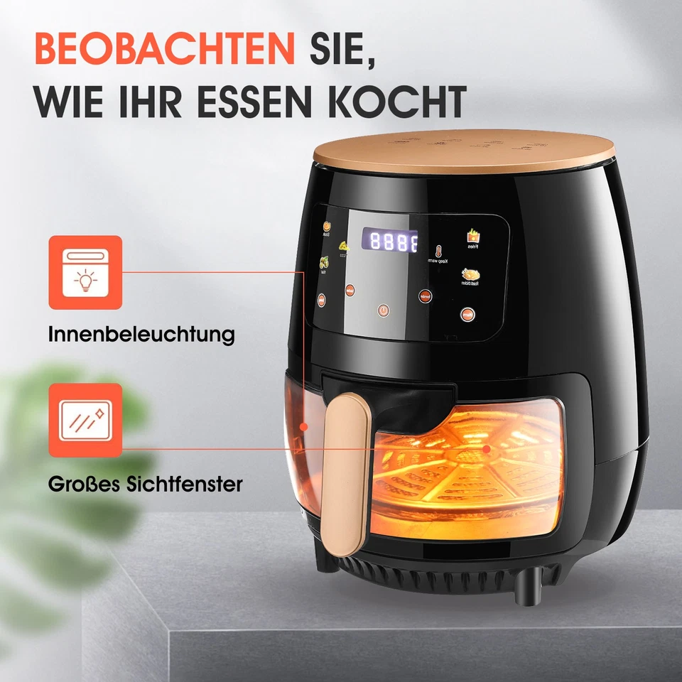 Heißluftfritteuse Heissluft Friteuse mit großflächige Sicht Mini Backofen 6L DE - Bild 3 von 4