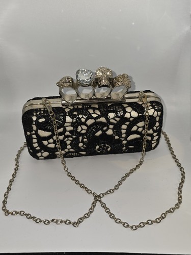 VTG 90s Black Lace Cream Crossbody Chain Strap Skull Knuckle Purse Goth Rock