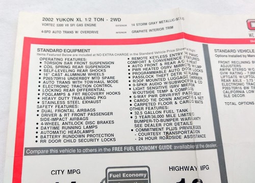 2002 GMC YUKON 5.3L 4-Speed A/T Genuine Original Monroney Window Sticker $38,066 - Picture 2 of 4