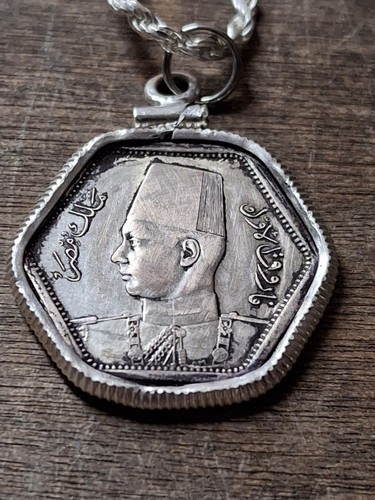 Egypt 1936-1952 Silver Qirsh Farouk Coin Pendant 28" Sterling Silver Rope Chain - Picture 2 of 11