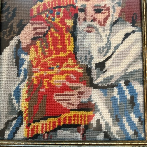 VTG NEEDLEPOINT Picture Of Rabbi & Torah Framed 11” X 12 1/2” On Austrian Cotton - Picture 3 of 14