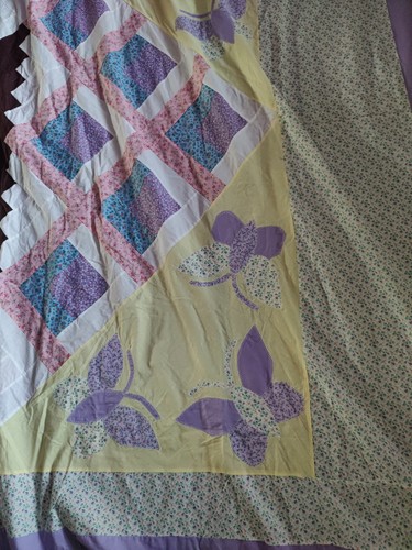 Handmade Quilt Top PRETTY BUTTERFLY APPLIQUED 100" x 118" Purple/Yellow - Picture 3 of 11