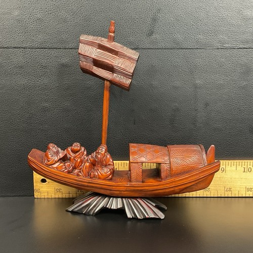 Raíz de bambú tallada a mano (?) Barco chino de madera con vela firmado - Imagen 11 de 14