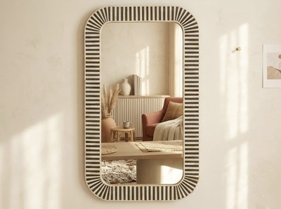 Handmade Bone Inlay Mirror   Striped Boho Wall Decor, Rounded Rectangular Accent
