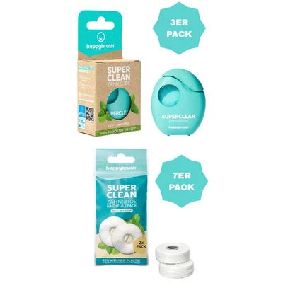 3ER Happybrush Zahnseidehalter SuperClean mit 35m SuperClean Refill Zahnseide 7x