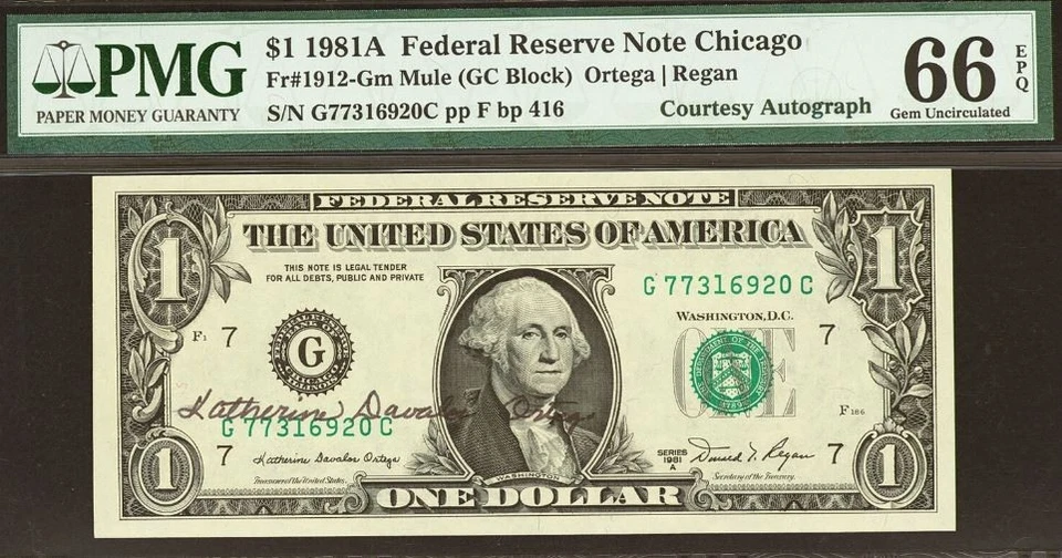 1981A $1 Federal Reserve Note PMG 66EPQ - Courtesy Autograph - Rare Chicago Mule - Image 3 of 4