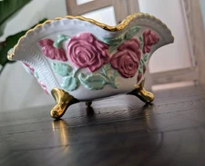 Vg Hand Made & Painted Ceramic Footed Candy Dish Roses White Pink Green 10"