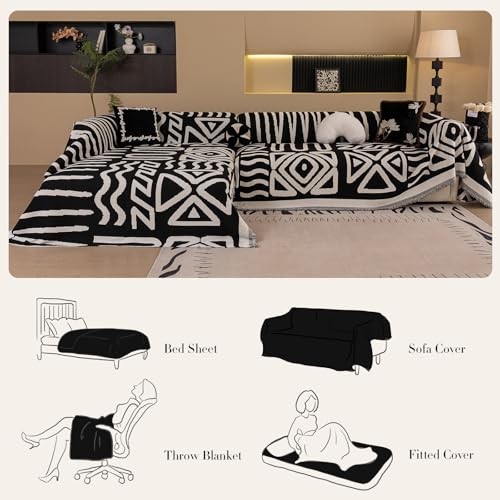 Boho Couch Cover for Sofas, Boho Chenille Sofas 1pc/71"x 102"/Rectangular Black - Imagen 5 de 7