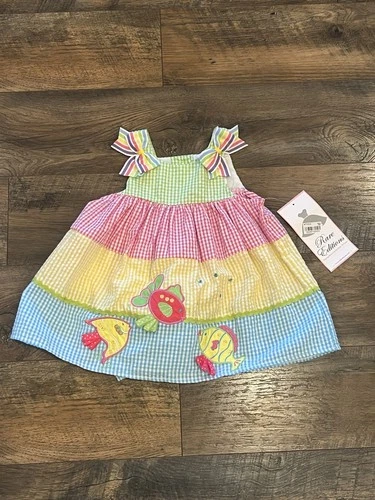 NWT Rare Editions Tiered Gingham Seersucker 2 Piece Infant Girl 12 Months Fish