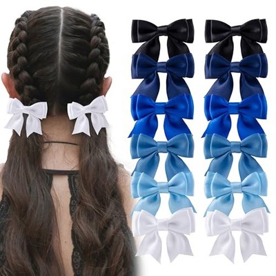 12Pcs Hair Bows Clips for Women Silky Satin Cute Bow Clips for Black/White/Blue