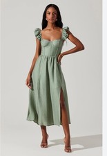 New ASTR Wedelia Bustier Sage Green Midi Dress Size Medium Lace-up Back Pockets