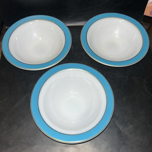 Set of 3 PYREX Milk Glass Cereal Bowls Teal Blue Gold Band Rim 5.5" AS IS - Picture 1 of 9