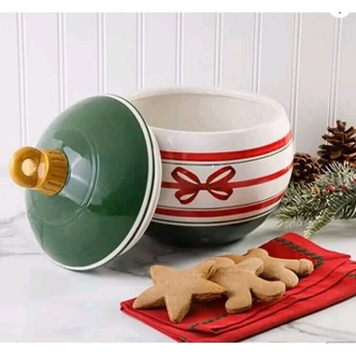 Martha Stewart Festive Bow Figural Ceramic Ornament Cookie Jar 9 in x 10 in NEW - Picture 3 of 10