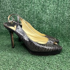 Jimmy Choo Snakeskin Peep Toe Slingback Embossed Heel Brown Pumps Womens Sz 38.5