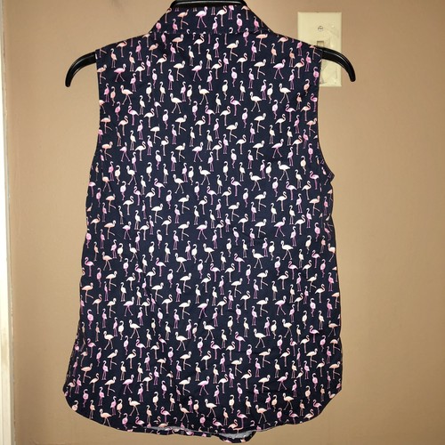 Talbots Petite Flamingo Button Front Sleeveless Tank Top Navy Pink Small P - Picture 2 of 5
