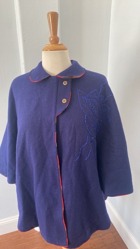 Cape Poncho Embroidered 14 Navy Plaid Lining Collar Swing Wrap Coat - Picture 4 of 14