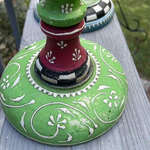 Hand Painted Vintage Wooden Set Of 2 12” Candle Holders With Metal Cups - Picture 11 of 14