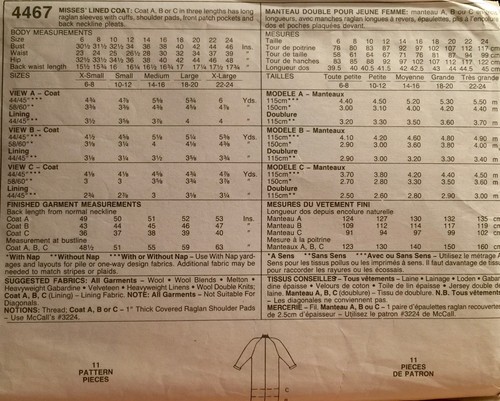 CUT VINTAGE RARE MC CALL'S 1989 RAGLAN SLEEVE COATJACKET PATTERN 4467 14-16 - Picture 2 of 2
