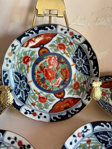 Vtg (5) Oriental Floral Blue and Orange Porcelain China Teacup Saucers Pre-Owned - Picture 2 of 8