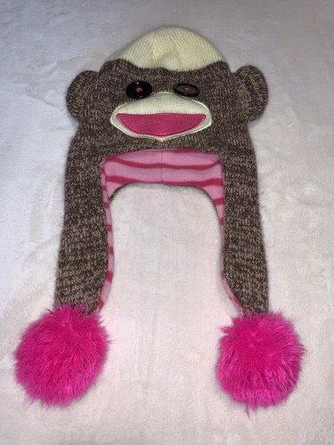 Monkey Toboggan Beanie Winter Cap Hat Ear Flaps Kids 2T-5T Brown Pink - Picture 2 of 4