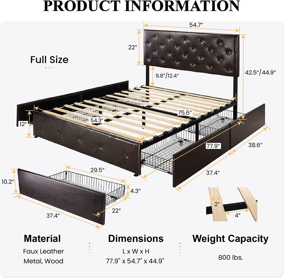 Marco de cama tamaño completo con 4 cajones de almacenamiento y cabecero ajustable, negro marrón Foto 2 de 4