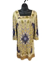 White Mark Couture Dress Stretch Large Mandala Soft Yellow Long Sleeve Sz L 