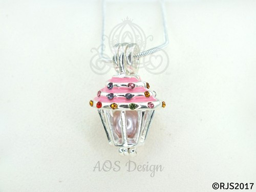 Crystal Pink Cupcake Pearl Cage Charm Necklace - Birthday Gifts - Picture 8 of 17