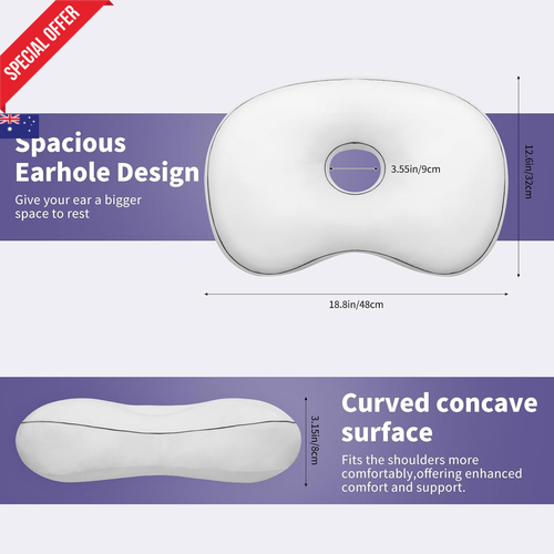Piercing Pillow for Side Sleepers, 12x18" White Velvet, Ear Pain Relief - Picture 2 of 12