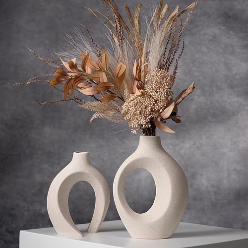 2er Set Keramik Vase Hohle Beige Moderne Vasen Dekovase Nordisches Vasen Deko - Bild 14 von 19
