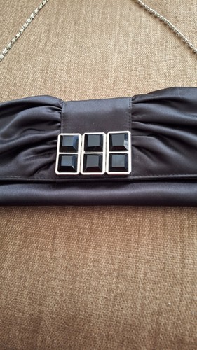 Jessica McClintock Evening Purse Black Matt Fabric Pleated Beaded Silver Chain - Picture 2 of 8