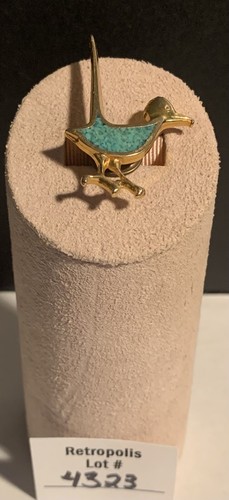 Roadrunner Gold Tone Mosaic Turquoise Chip Inlay Brooch Signed - Picture 3 of 13