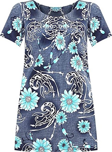 Women Ladies Plus Size Short Sleeves Scoop Neckline Floral Print Smock Tunic Top - Picture 12 of 22