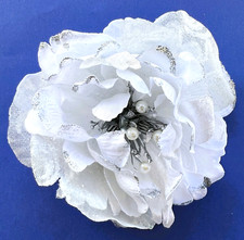 Large 6.5" Pure White Sparkle Peony Silk Flower Hair Clip Wedding Holiday
