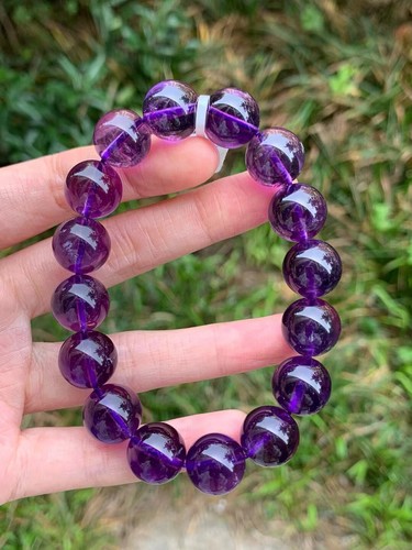 Pulsera de cuentas redondas de cristal de amatista púrpura natural genuino de 13 mm AAA - Imagen 2 de 2